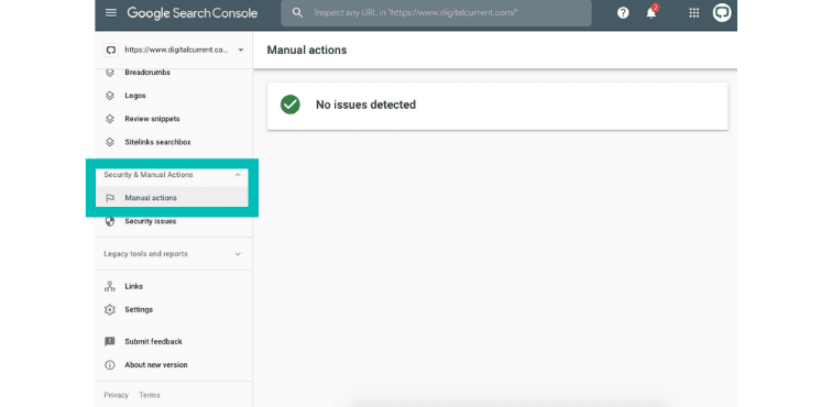 Box showing where manual actions are in GSC