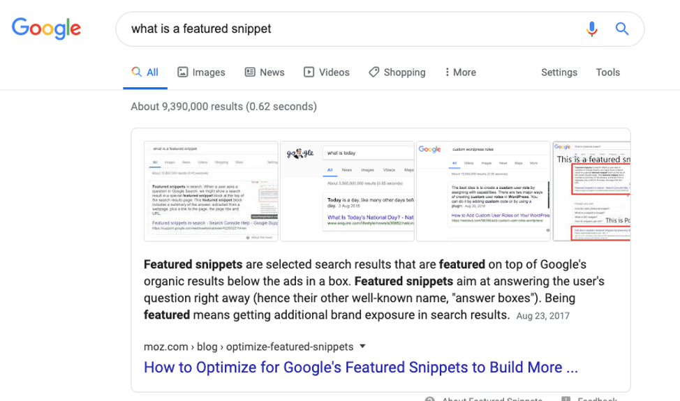 Featured snippets live above all other organic results at position 0