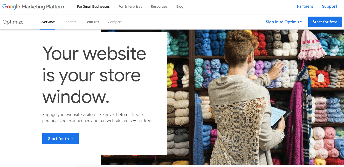 Screenshot of Google Optimize Page