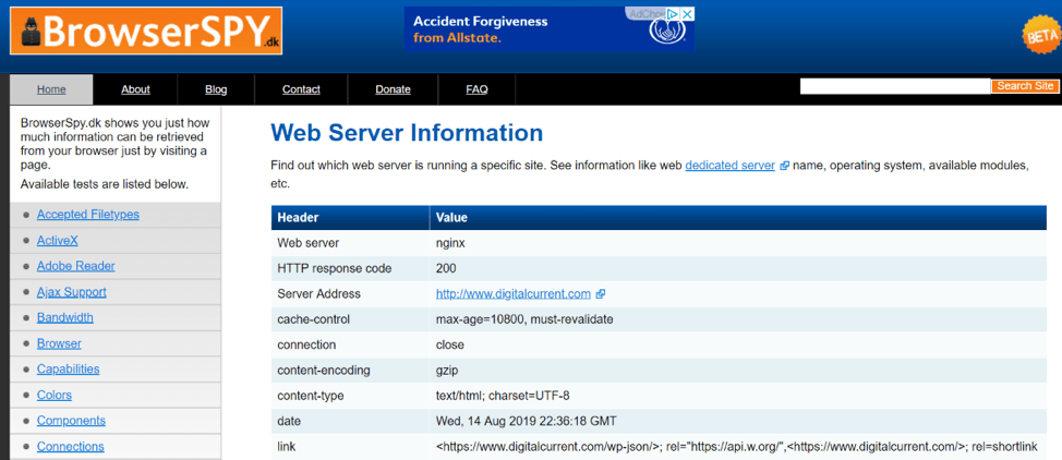 A screenshot of BrowserSpy results for Digital Current