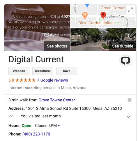 Screenshot of Digital Current's Google My Business Listing