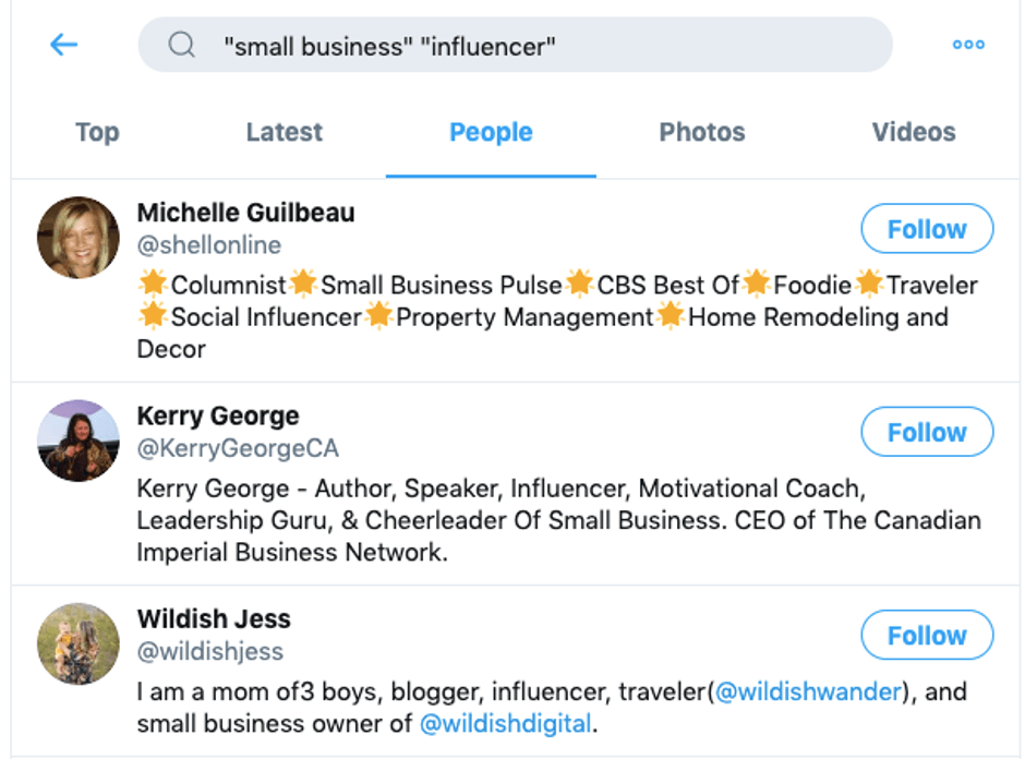 Screen shot of a search on Twitter for influencers