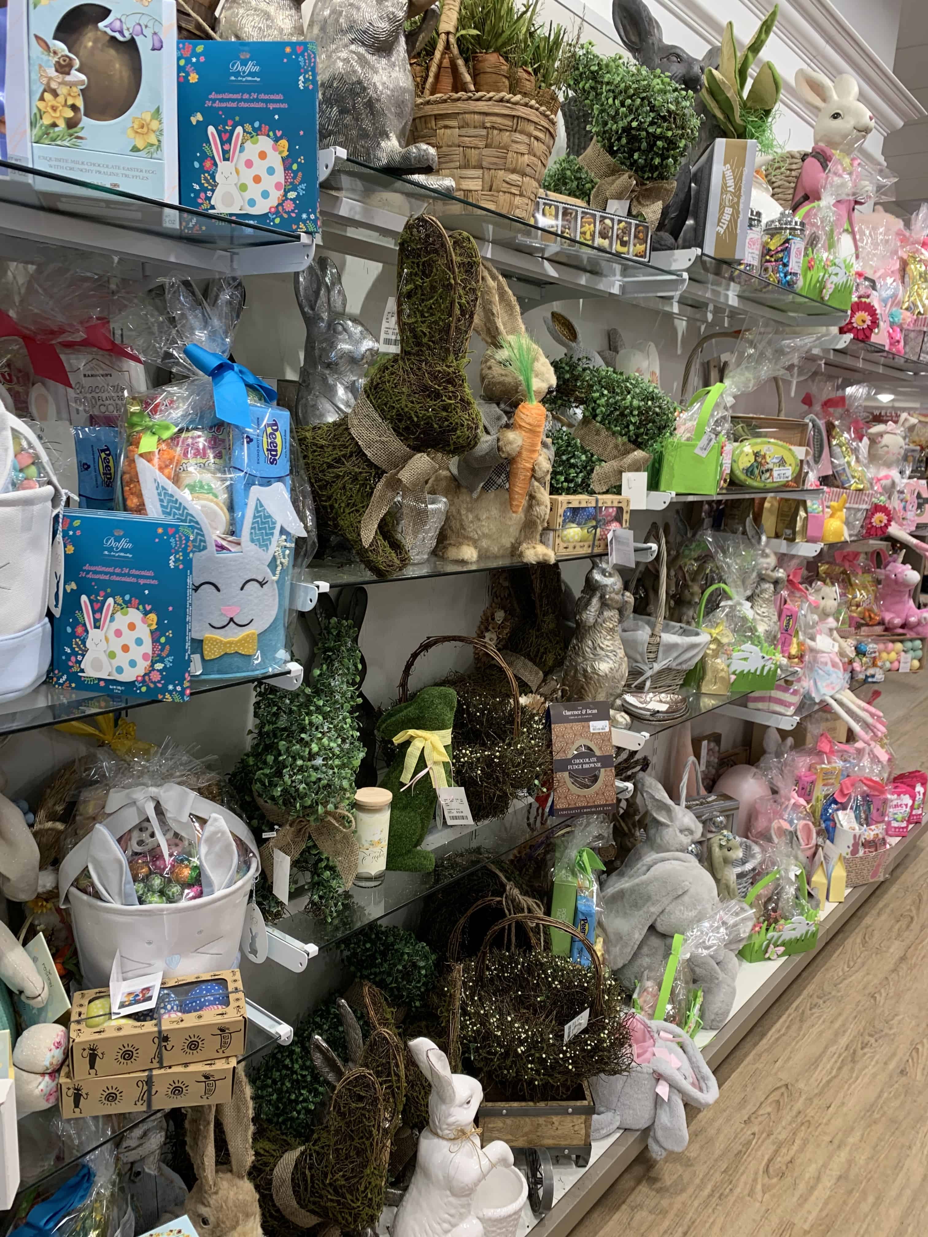 Shelves lined with items with rabbits Easter